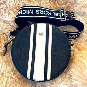 NEW MICHAEL KORS | Black + White Bold Stripe Crossbody Canteen Purse Logo Bag